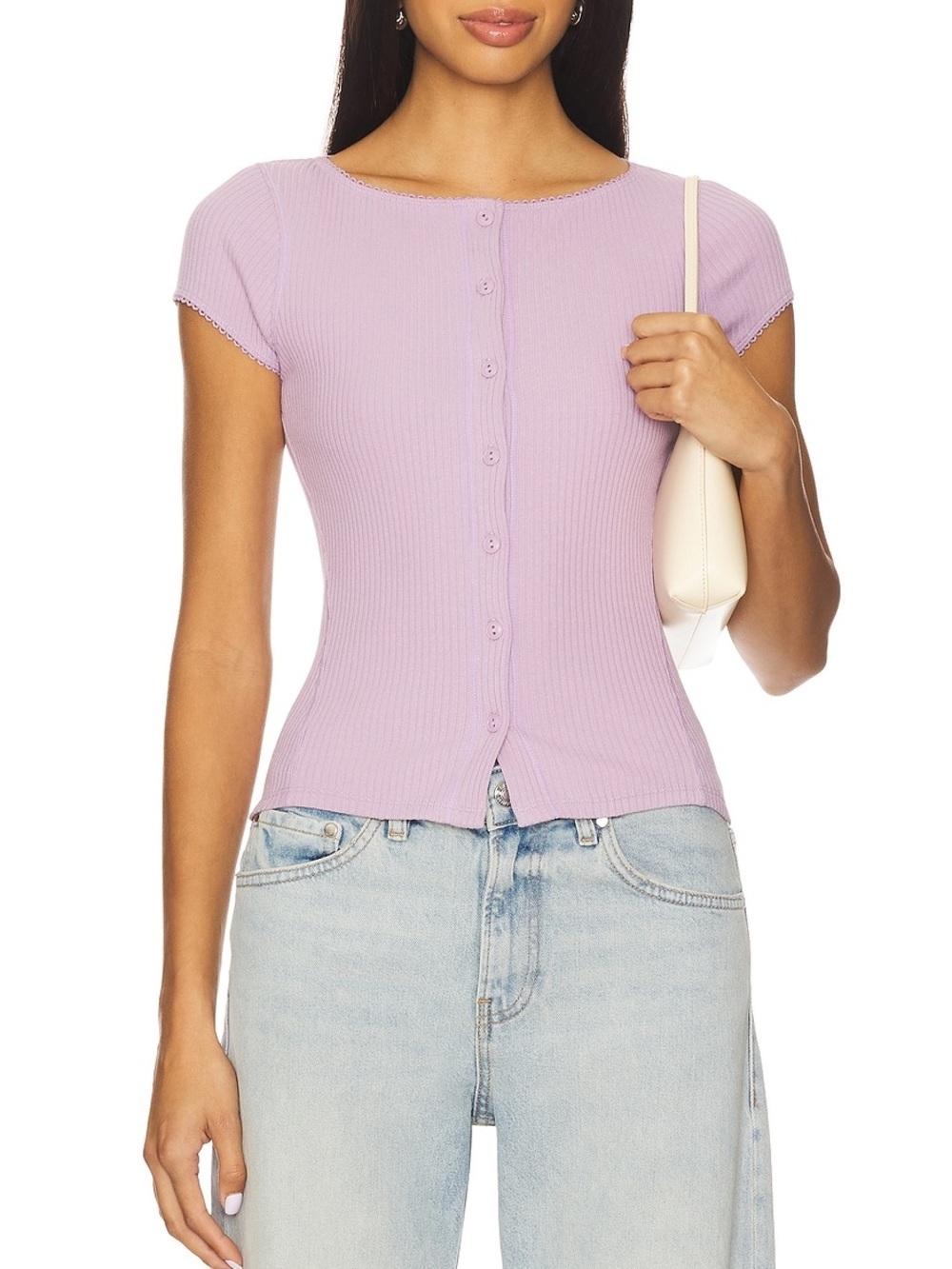 FREE PEOPLE Most Wanted CardI Lavender Lilac Ribbed Button-Front Cap Sleeve Top